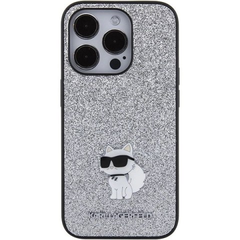 Etui Karl Lagerfeld Fixed Glitter Choupette Logo Metal Pin do iPhone 15 Pro Max - srebrne Etui Karl Lagerfeld Fixed Glitter Choupette Logo Metal Pin do iPhone 15 Pro Max - srebrne
