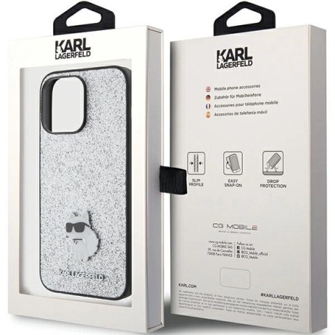 Etui Karl Lagerfeld Fixed Glitter Choupette Logo Metal Pin do iPhone 15 Pro Max - srebrne Etui Karl Lagerfeld Fixed Glitter Choupette Logo Metal Pin do iPhone 15 Pro Max - srebrne
