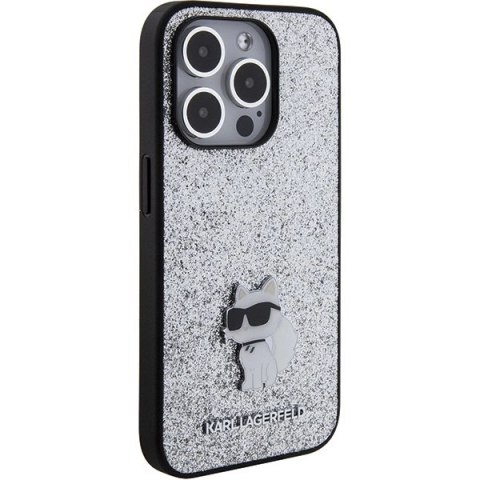 Etui Karl Lagerfeld Fixed Glitter Choupette Logo Metal Pin do iPhone 15 Pro - srebrne