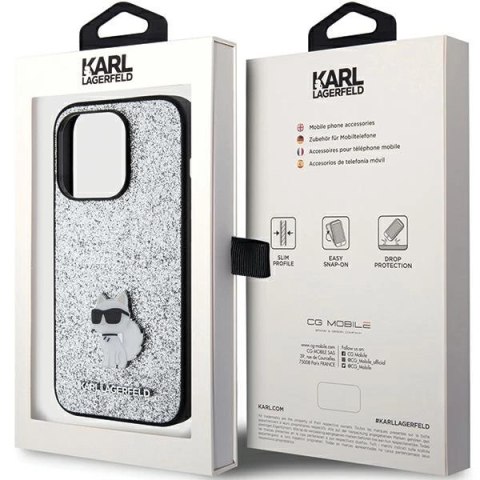 Etui Karl Lagerfeld Fixed Glitter Choupette Logo Metal Pin do iPhone 15 Pro - srebrne