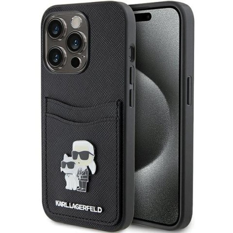 Etui Karl Lagerfeld Saffiano Cardslot Karl&Choupette Metal Pin do iPhone 15 Pro - czarne Etui Karl Lagerfeld Saffiano Cardslot Karl&Choupette Metal Pin do iPhone 15 Pro - czarne