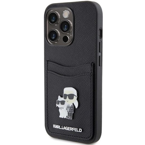 Etui Karl Lagerfeld Saffiano Cardslot Karl&Choupette Metal Pin do iPhone 15 Pro - czarne Etui Karl Lagerfeld Saffiano Cardslot Karl&Choupette Metal Pin do iPhone 15 Pro - czarne