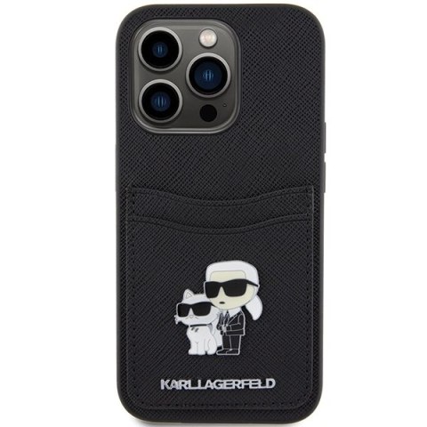 Etui Karl Lagerfeld Saffiano Cardslot Karl&Choupette Metal Pin do iPhone 15 Pro - czarne Etui Karl Lagerfeld Saffiano Cardslot Karl&Choupette Metal Pin do iPhone 15 Pro - czarne