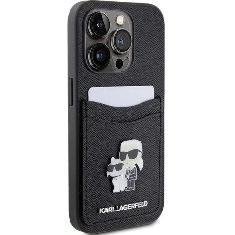 Etui Karl Lagerfeld Saffiano Cardslot Karl&Choupette Metal Pin do iPhone 15 Pro - czarne Etui Karl Lagerfeld Saffiano Cardslot Karl&Choupette Metal Pin do iPhone 15 Pro - czarne