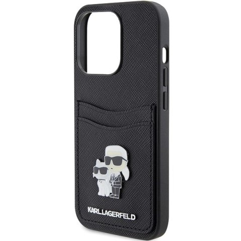 Etui Karl Lagerfeld Saffiano Cardslot Karl&Choupette Metal Pin do iPhone 15 Pro - czarne Etui Karl Lagerfeld Saffiano Cardslot Karl&Choupette Metal Pin do iPhone 15 Pro - czarne