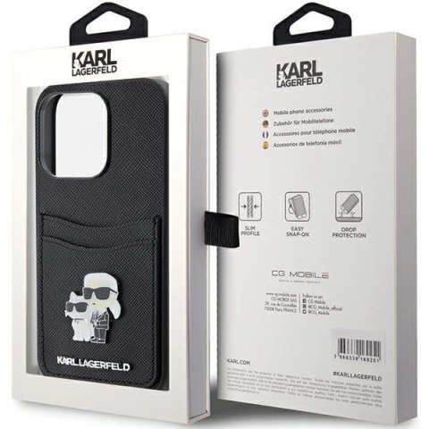 Etui Karl Lagerfeld Saffiano Cardslot Karl&Choupette Metal Pin do iPhone 15 Pro - czarne Etui Karl Lagerfeld Saffiano Cardslot Karl&Choupette Metal Pin do iPhone 15 Pro - czarne