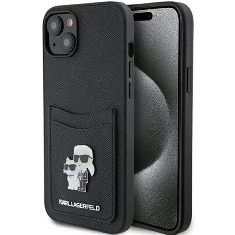 Etui Karl Lagerfeld Saffiano Cardslot Karl&Choupette Metal Pin do iPhone 15 - czarne Etui Karl Lagerfeld Saffiano Cardslot Karl&Choupette Metal Pin do iPhone 15 - czarne