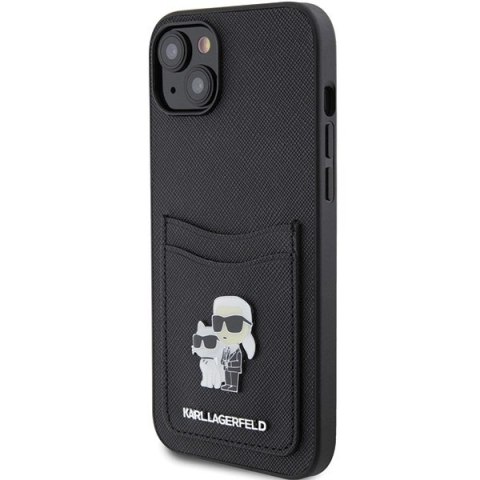 Etui Karl Lagerfeld Saffiano Cardslot Karl&Choupette Metal Pin do iPhone 15 - czarne Etui Karl Lagerfeld Saffiano Cardslot Karl&Choupette Metal Pin do iPhone 15 - czarne