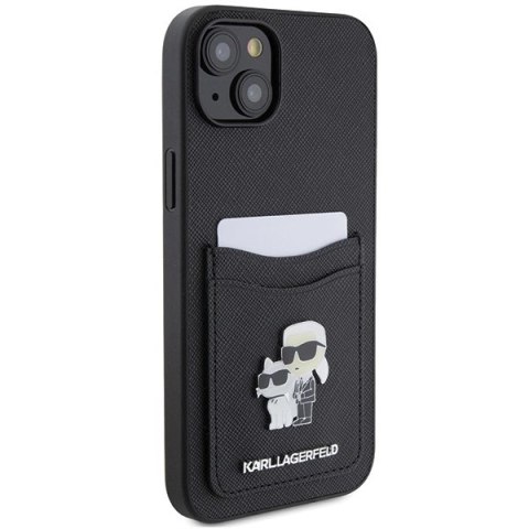 Etui Karl Lagerfeld Saffiano Cardslot Karl&Choupette Metal Pin do iPhone 15 - czarne Etui Karl Lagerfeld Saffiano Cardslot Karl&Choupette Metal Pin do iPhone 15 - czarne