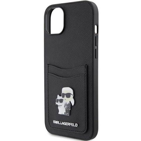 Etui Karl Lagerfeld Saffiano Cardslot Karl&Choupette Metal Pin do iPhone 15 - czarne Etui Karl Lagerfeld Saffiano Cardslot Karl&Choupette Metal Pin do iPhone 15 - czarne