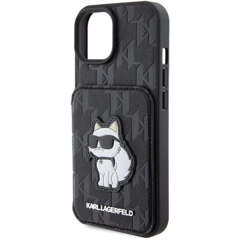 Etui Karl Lagerfeld Saffiano Cardslots and Stand Monogram Choupette do iPhone 15 - czarne Etui Karl Lagerfeld Saffiano Cardslots and Stand Monogram Choupette do iPhone 15 - czarne