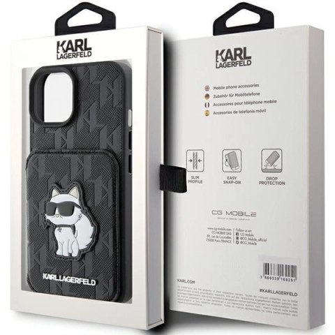 Etui Karl Lagerfeld Saffiano Cardslots and Stand Monogram Choupette do iPhone 15 - czarne Etui Karl Lagerfeld Saffiano Cardslots and Stand Monogram Choupette do iPhone 15 - czarne