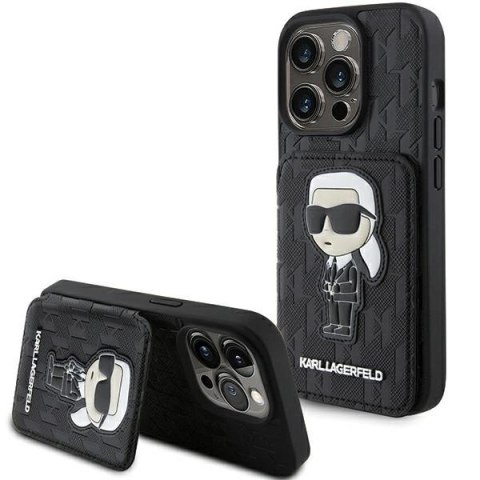 Etui Karl Lagerfeld Saffiano Cardslots and Stand Monogram Ikonik Patch do iPhone 15 Pro Max - czarne Etui Karl Lagerfeld Saffiano Cardslots and Stand Monogram Ikonik Patch do iPhone 15 Pro Max - czarne