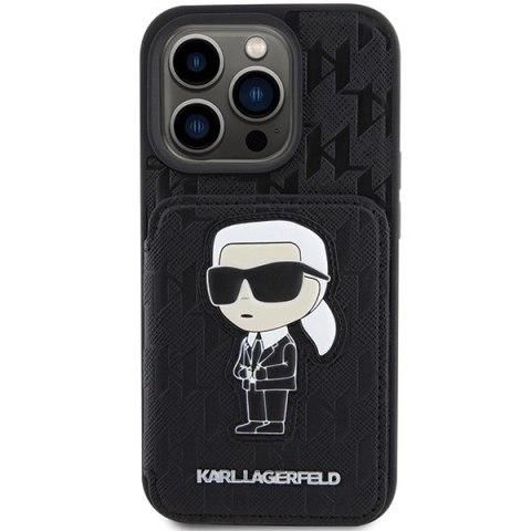 Etui Karl Lagerfeld Saffiano Cardslots and Stand Monogram Ikonik Patch do iPhone 15 Pro Max - czarne Etui Karl Lagerfeld Saffiano Cardslots and Stand Monogram Ikonik Patch do iPhone 15 Pro Max - czarne