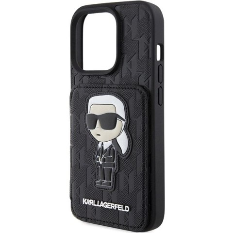 Etui Karl Lagerfeld Saffiano Cardslots and Stand Monogram Ikonik Patch do iPhone 15 Pro Max - czarne Etui Karl Lagerfeld Saffiano Cardslots and Stand Monogram Ikonik Patch do iPhone 15 Pro Max - czarne