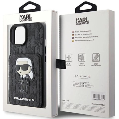 Etui Karl Lagerfeld Saffiano Cardslots and Stand Monogram Ikonik Patch do iPhone 15 - czarne