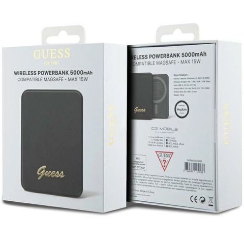 Powerbank indukcyjny Guess MagSafe Metal Script Logo 15W 5000mAh - czarny