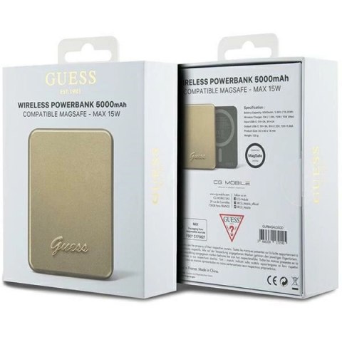 Powerbank indukcyjny Guess MagSafe Metal Script Logo 15W 5000mAh - złoty Powerbank indukcyjny Guess MagSafe Metal Script Logo 15W 5000mAh - złoty