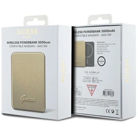 Powerbank indukcyjny Guess MagSafe Metal Script Logo 5W 3000mAh - złoty Powerbank indukcyjny Guess MagSafe Metal Script Logo 5W 3000mAh - złoty