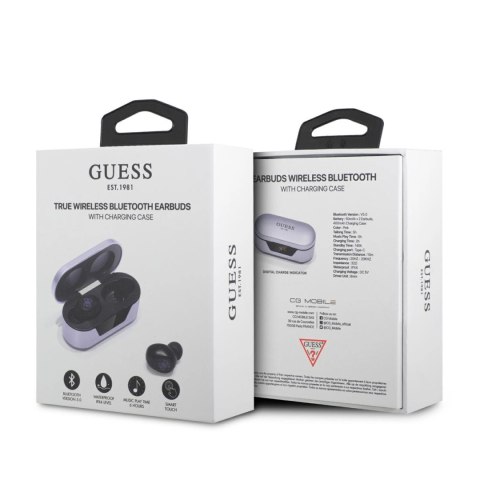 Słuchawki Bluetooth Guess TWS + stacja dokująca - fioletowe Słuchawki Bluetooth Guess TWS + stacja dokująca - fioletowe