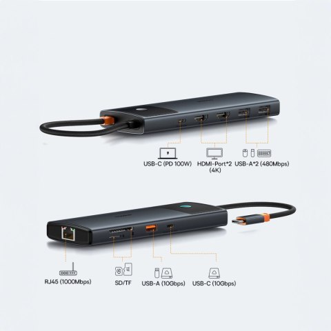 HUB 10w1 Baseus Metal Gleam Series USB-C do USB-C PD / USB-C / 3x USB-A / 2x HDMI / RJ-45 / SD / TF - czarny HUB 10w1 Baseus Metal Gleam Series USB-C do USB-C PD / USB-C / 3x USB-A / 2x HDMI / RJ-45 / SD / TF - czarny