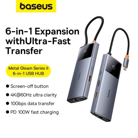 HUB USB 6w1 Baseus Metal Gleam Series II USB-A/USB-C/USB-C PD/HDMI/RJ45 - czarny HUB USB 6w1 Baseus Metal Gleam Series II USB-A/USB-C/USB-C PD/HDMI/RJ45 - czarny