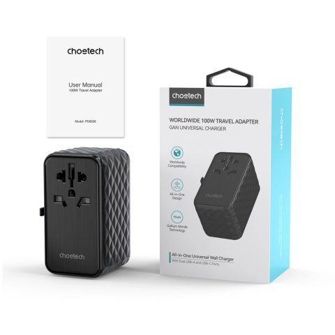 Adapter podróżny Choetech PD6028 EU / US / AUS / UK 2x USB-C 2x USB-A 100W - czarny Adapter podróżny Choetech PD6028 EU / US / AUS / UK 2x USB-C 2x USB-A 100W - czarny
