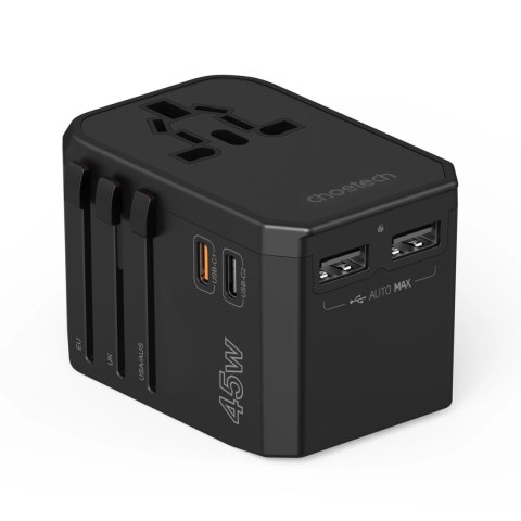 Ładowarka podróżna GaN Choetech PD6045 USB-C USB-A 45W z wtyczkami USA EU UK AU - czarna Ładowarka podróżna GaN Choetech PD6045 USB-C USB-A 45W z wtyczkami USA EU UK AU - czarna