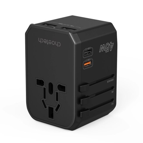 Ładowarka podróżna GaN Choetech PD6045 USB-C USB-A 45W z wtyczkami USA EU UK AU - czarna Ładowarka podróżna GaN Choetech PD6045 USB-C USB-A 45W z wtyczkami USA EU UK AU - czarna
