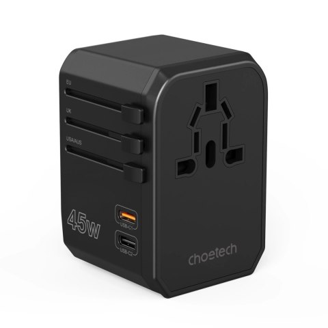 Ładowarka podróżna GaN Choetech PD6045 USB-C USB-A 45W z wtyczkami USA EU UK AU - czarna Ładowarka podróżna GaN Choetech PD6045 USB-C USB-A 45W z wtyczkami USA EU UK AU - czarna