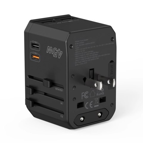 Ładowarka podróżna GaN Choetech PD6045 USB-C USB-A 45W z wtyczkami USA EU UK AU - czarna Ładowarka podróżna GaN Choetech PD6045 USB-C USB-A 45W z wtyczkami USA EU UK AU - czarna