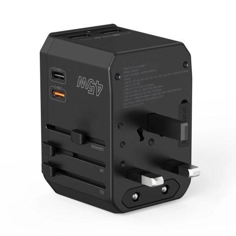 Ładowarka podróżna GaN Choetech PD6045 USB-C USB-A 45W z wtyczkami USA EU UK AU - czarna Ładowarka podróżna GaN Choetech PD6045 USB-C USB-A 45W z wtyczkami USA EU UK AU - czarna
