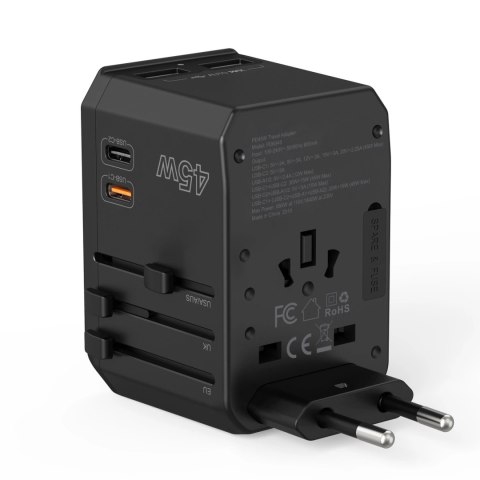 Ładowarka podróżna GaN Choetech PD6045 USB-C USB-A 45W z wtyczkami USA EU UK AU - czarna Ładowarka podróżna GaN Choetech PD6045 USB-C USB-A 45W z wtyczkami USA EU UK AU - czarna