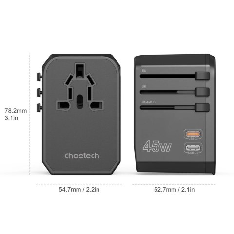 Ładowarka podróżna GaN Choetech PD6045 USB-C USB-A 45W z wtyczkami USA EU UK AU - czarna Ładowarka podróżna GaN Choetech PD6045 USB-C USB-A 45W z wtyczkami USA EU UK AU - czarna