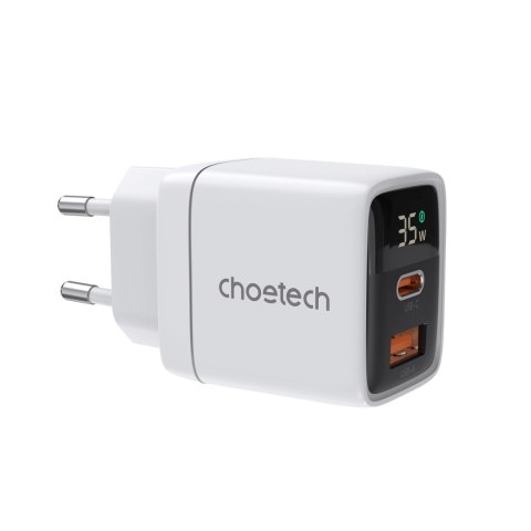 Ładowarka sieciowa Choetech PD6052 USB-C USB-A PD 35W GaN z wyświetlaczem - biała Ładowarka sieciowa Choetech PD6052 USB-C USB-A PD 35W GaN z wyświetlaczem - biała