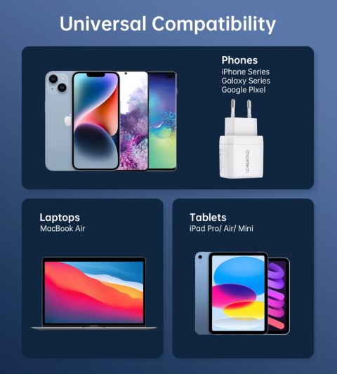 Ładowarka sieciowa Choetech PD6052 USB-C USB-A PD 35W GaN z wyświetlaczem - biała Ładowarka sieciowa Choetech PD6052 USB-C USB-A PD 35W GaN z wyświetlaczem - biała