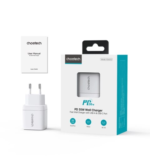 Ładowarka sieciowa Choetech PD6052 USB-C USB-A PD 35W GaN z wyświetlaczem - biała Ładowarka sieciowa Choetech PD6052 USB-C USB-A PD 35W GaN z wyświetlaczem - biała