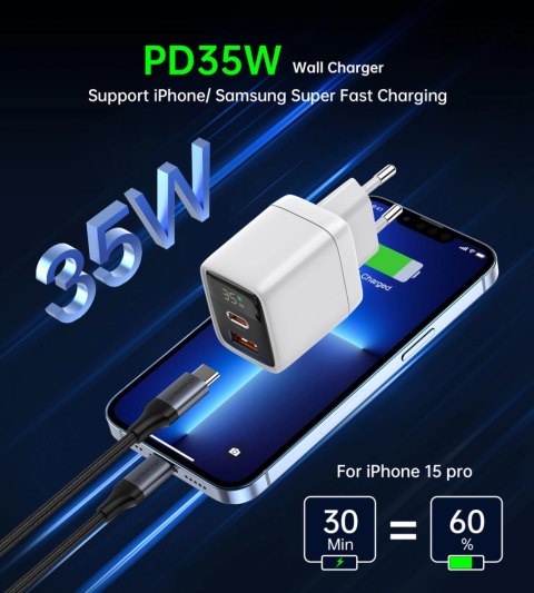 Ładowarka sieciowa Choetech PD6052 USB-C USB-A PD 35W GaN z wyświetlaczem - biała Ładowarka sieciowa Choetech PD6052 USB-C USB-A PD 35W GaN z wyświetlaczem - biała