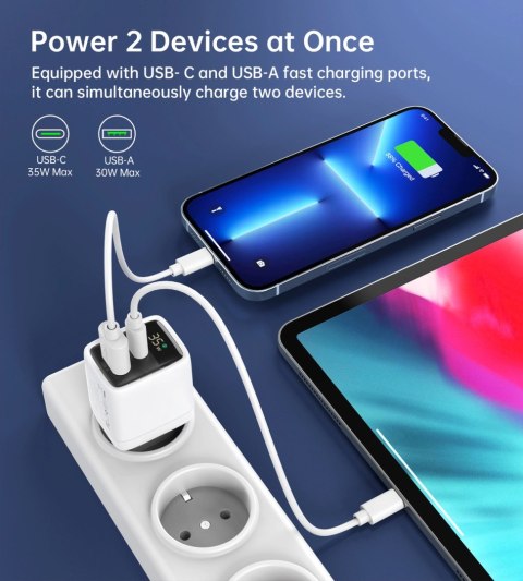 Ładowarka sieciowa Choetech PD6052 USB-C USB-A PD 35W GaN z wyświetlaczem - biała Ładowarka sieciowa Choetech PD6052 USB-C USB-A PD 35W GaN z wyświetlaczem - biała