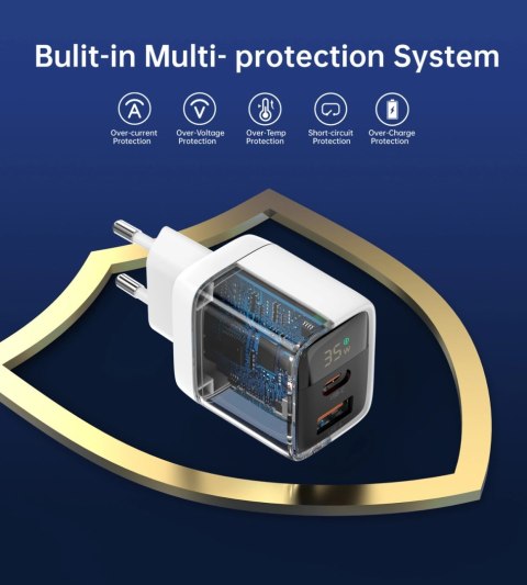 Ładowarka sieciowa Choetech PD6052 USB-C USB-A PD 35W GaN z wyświetlaczem - biała Ładowarka sieciowa Choetech PD6052 USB-C USB-A PD 35W GaN z wyświetlaczem - biała