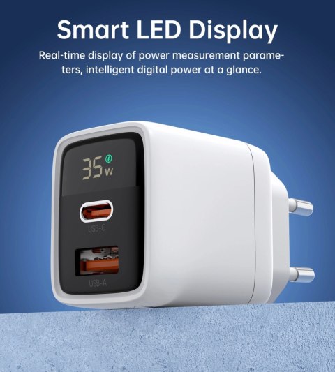 Ładowarka sieciowa Choetech PD6052 USB-C USB-A PD 35W GaN z wyświetlaczem - biała Ładowarka sieciowa Choetech PD6052 USB-C USB-A PD 35W GaN z wyświetlaczem - biała