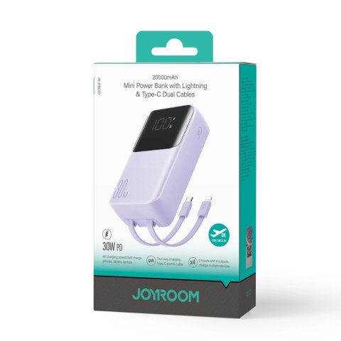 Mini powerbank Joyroom JR-PBC07 20000mAh 30W z kablami USB-C i Lightning - fioletowy Mini powerbank Joyroom JR-PBC07 20000mAh 30W z kablami USB-C i Lightning - fioletowy