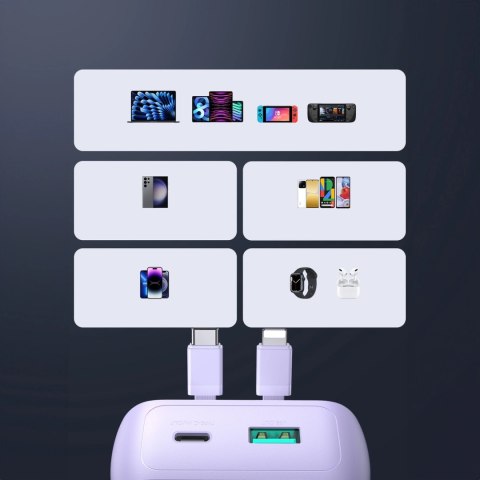 Mini powerbank Joyroom JR-PBC07 20000mAh 30W z kablami USB-C i Lightning - fioletowy Mini powerbank Joyroom JR-PBC07 20000mAh 30W z kablami USB-C i Lightning - fioletowy