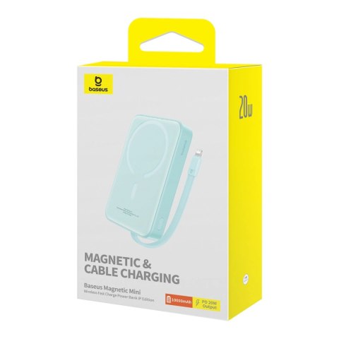 Powerbank Baseus Magnetic Mini MagSafe 10000mAh 20W z wbudowanym kablem Lightning - niebieski + kabel Baseus Simple Series USB-C Powerbank Baseus Magnetic Mini MagSafe 10000mAh 20W z wbudowanym kablem Lightning - niebieski + kabel Baseus Simple Series USB-C