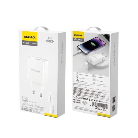 Ładowarka sieciowa Dudao A4EU USB-A 2.1A - biała + kabel USB-A - Lightning Ładowarka sieciowa Dudao A4EU USB-A 2.1A - biała + kabel USB-A - Lightning
