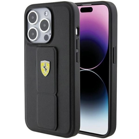 Etui Ferrari Grip Stand Metal Logo na iPhone 15 Pro - czarne Etui Ferrari Grip Stand Metal Logo na iPhone 15 Pro - czarne