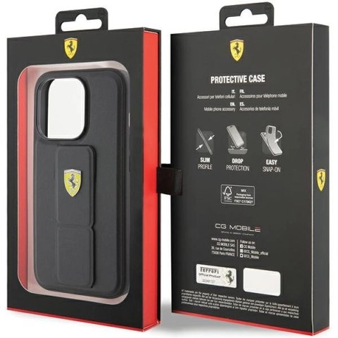 Etui Ferrari Grip Stand Metal Logo na iPhone 15 Pro - czarne Etui Ferrari Grip Stand Metal Logo na iPhone 15 Pro - czarne