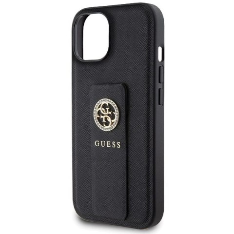 Etui Guess Grip Stand 4G Saffiano Strass na iPhone 15 - czarne