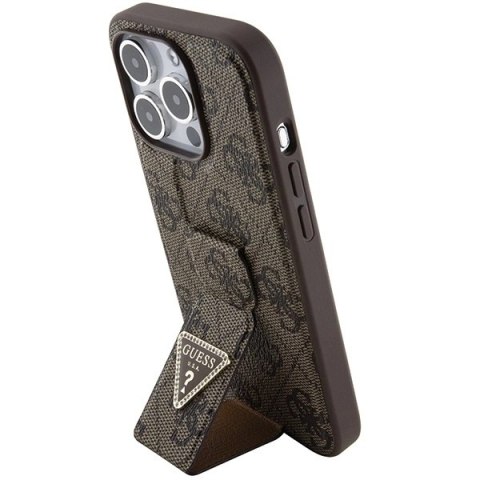 Etui Guess Grip Stand 4G Triangle Strass na iPhone 15 Pro - brązowe
