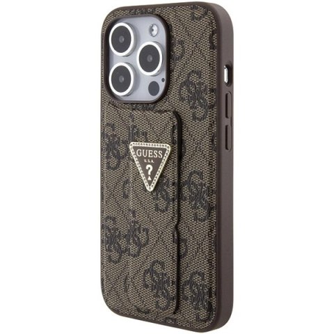 Etui Guess Grip Stand 4G Triangle Strass na iPhone 15 Pro - brązowe